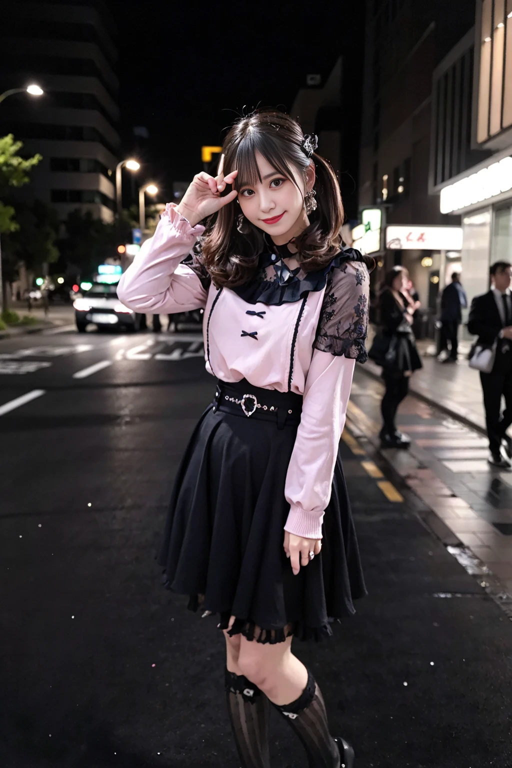 realistic, photorealistic, masterpiece, best quality, 1girl, solo, standing in street, night, looking at viewer, smile, jiraikei shirt, jiraikei skirt, black frilled socks,<lora:jiraikei_v1:0.7>, <lora:JapaneseDollLikeness_v15:0.7>