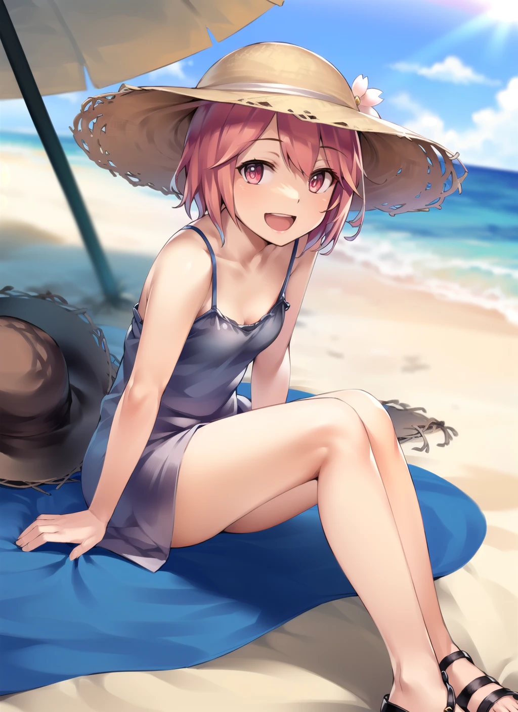 (masterpiece), (best quality), (ultra-detailed), photorealistic, (best illustration), (an extremely delicate and beautiful), 1girl, (goya:1.22),  solo, cowboy shot, finely detailed iris, short hair, radiant summer beach, sunlight, diffraction spikes, small breasts, pink eyes, <lora:goya_nai_1:1:OUTALL>, sundress, sandals, :d, straw hat, long dress, sitting,