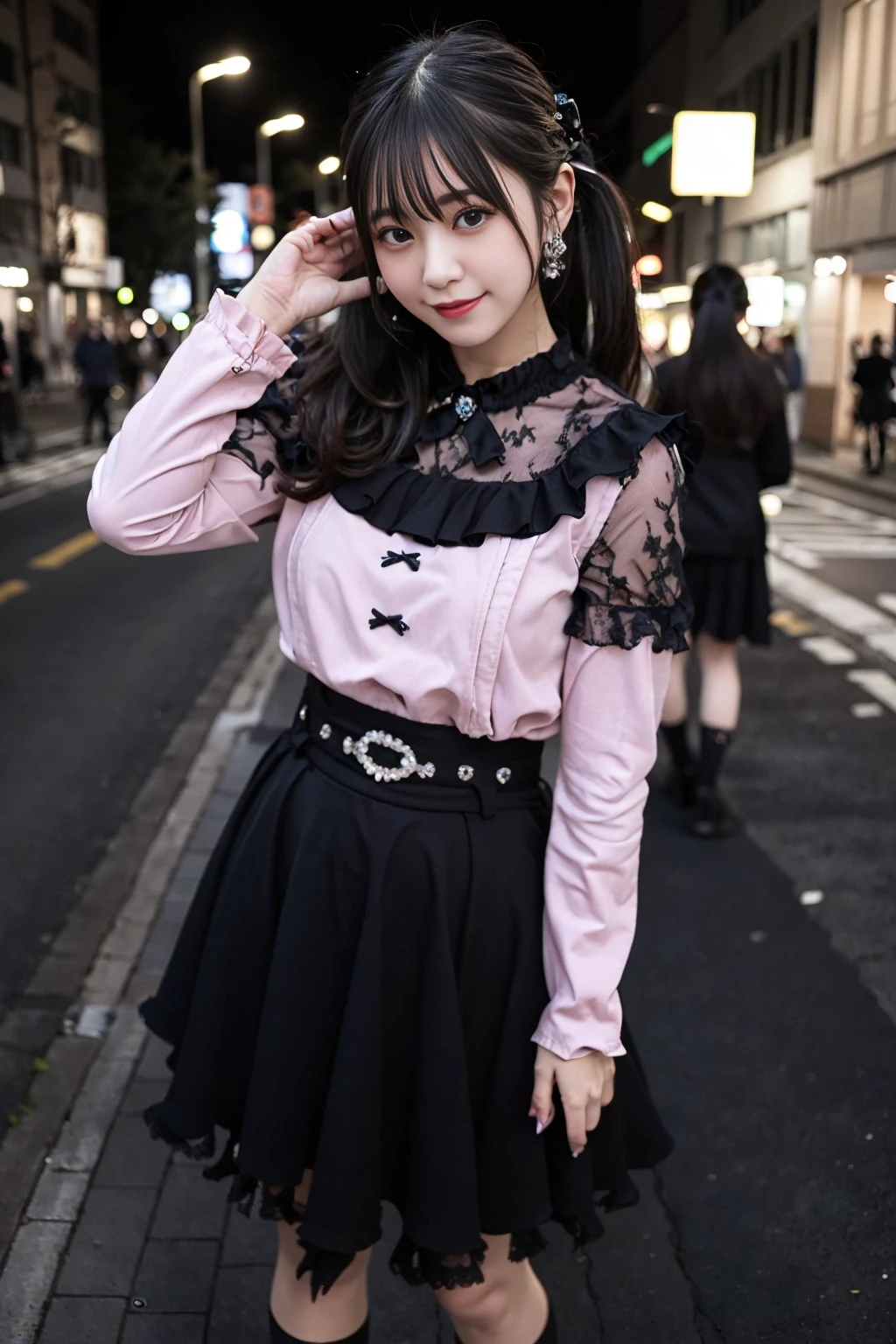realistic, photorealistic, masterpiece, best quality, 1girl, solo, standing in street, night, looking at viewer, smile, jiraikei shirt, jiraikei skirt, black frilled socks,<lora:jiraikei_v1:0.7>, <lora:JapaneseDollLikeness_v15:0.7>