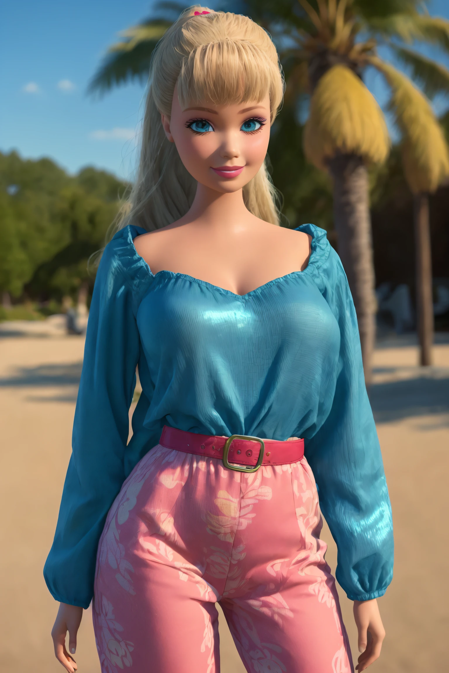 <lora:TS_Barbie-16:0.8>, (masterpiece, best quality), highres, (8k, RAW photo, highest quality), ultra-realistic, 3d, centered, (TS_Barbie), mid shot, (full body:1.2), a cartoon girl in a blue jumpsuit and pink belt in the style of pixar, (perfect lighting and composition:1),soft lighting, (high detail, 8K resolution:1), hdr:0.7, detailed face, perfect, (dynamic), pose, (high quality:1.2), plastic skin, ((shiny:1.3)), hourglass figure, (medium breasts), smile, (depth of field:0.8), 50mm, film grain:0.7, fujifilmXT3, focus face, (sad:1.2), looking at viewer, detailed eyes, detailed face, floating particles, analog style, beautiful, light makeup, lipstick, (thick waist and thighs:0.6), summer vacation, tropical, palm tree, sandy beach, amazing composition, lively