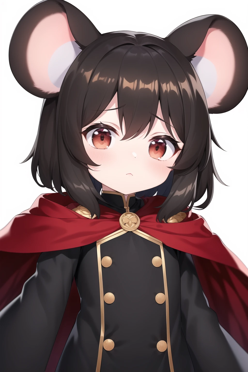 1loli, solo, flat breast, so big mouse ears, mouse girl, (black short hair:1.05), (black and brown eyes), red cape, long sleeves, (black dress:1.2), no headwear, upper body, (white background:1.5), simple background,
<lora:NewRatkinPlus_v1.0:0.3>