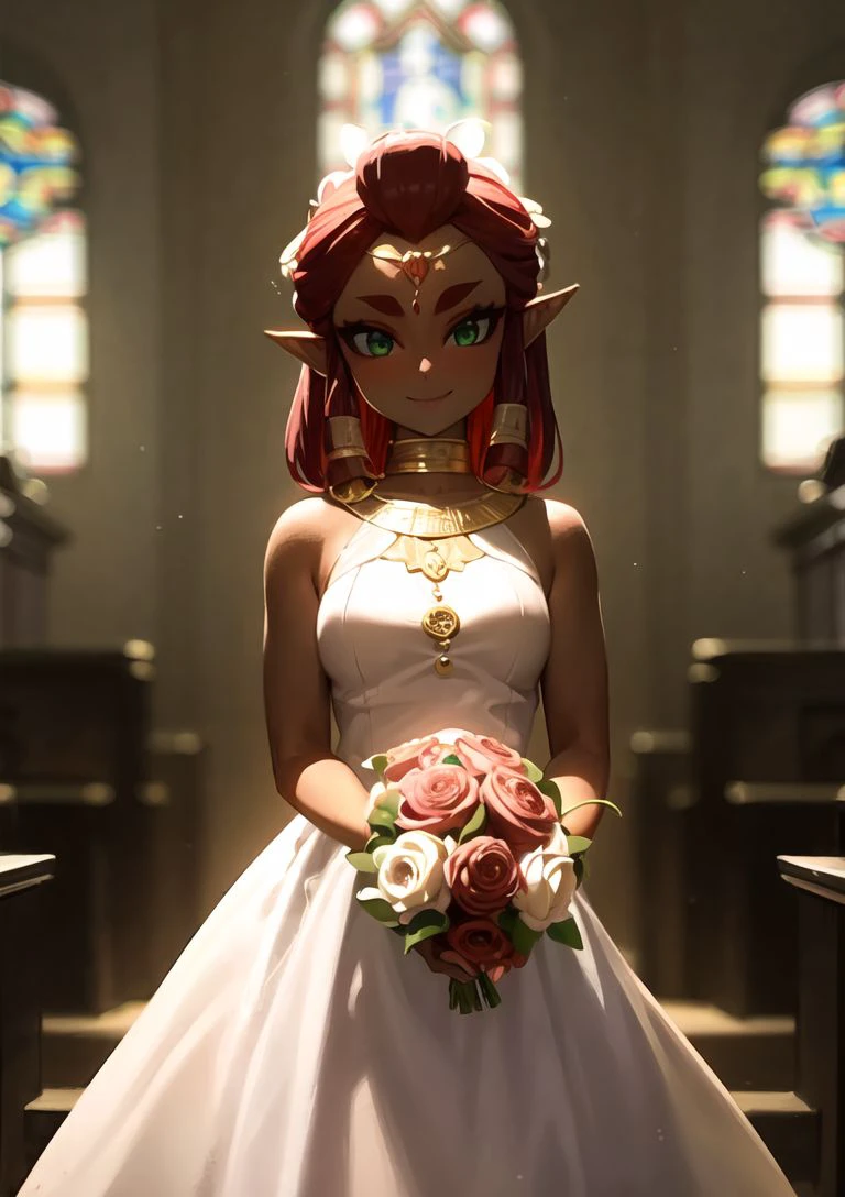 masterpiece,1girl,<lora:riju_zelda_v2-12:0.8> riju_zelda, dark skin,red hair,standing, wedding dress, jewelry, (white dress),smiling, looking at viewer, bridal veil, bridal flowers, church windows