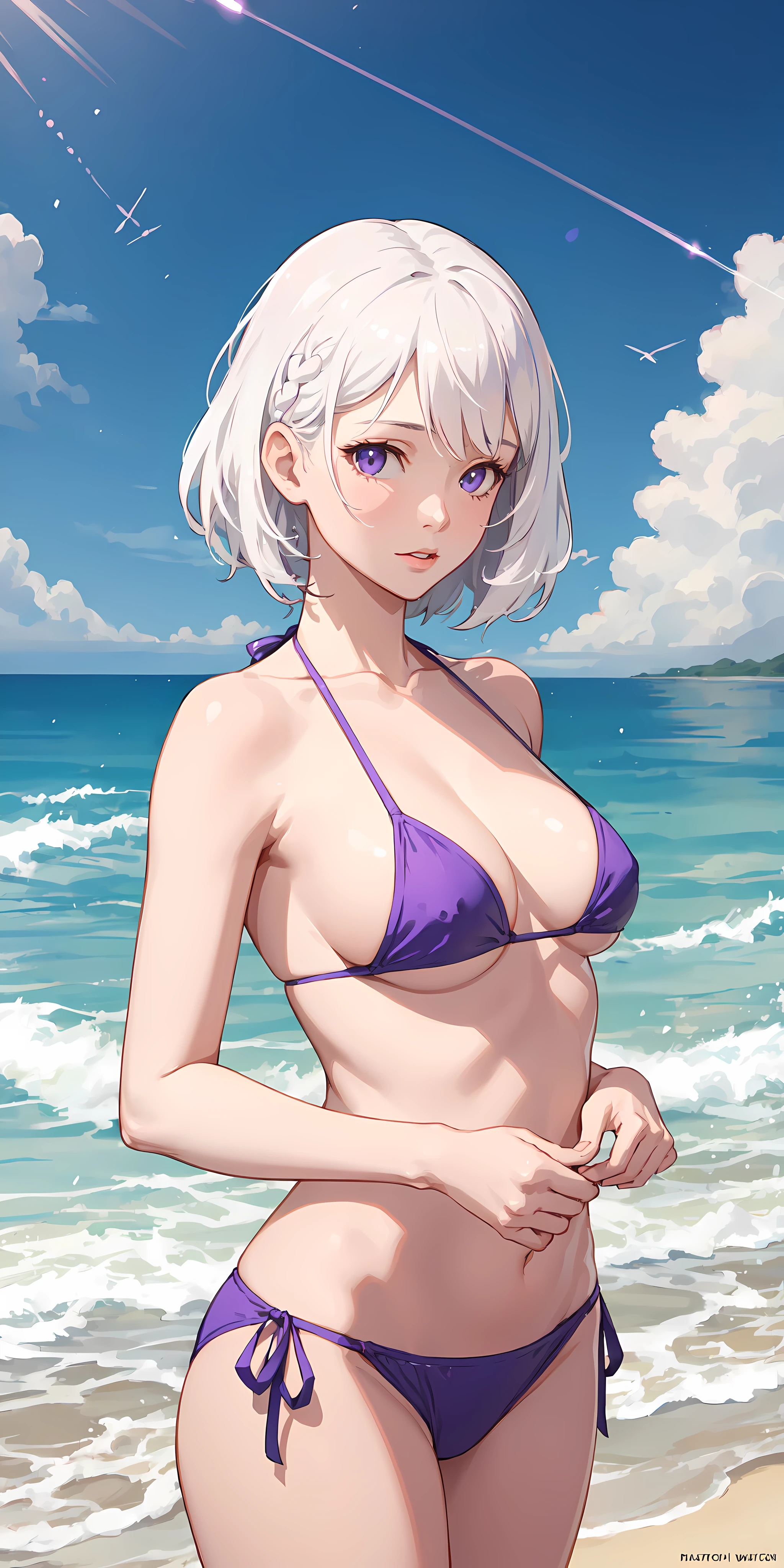 realistic, 1girl, white hair, purple eyes, bikini, beach, light particles, light rays, wallpaper,