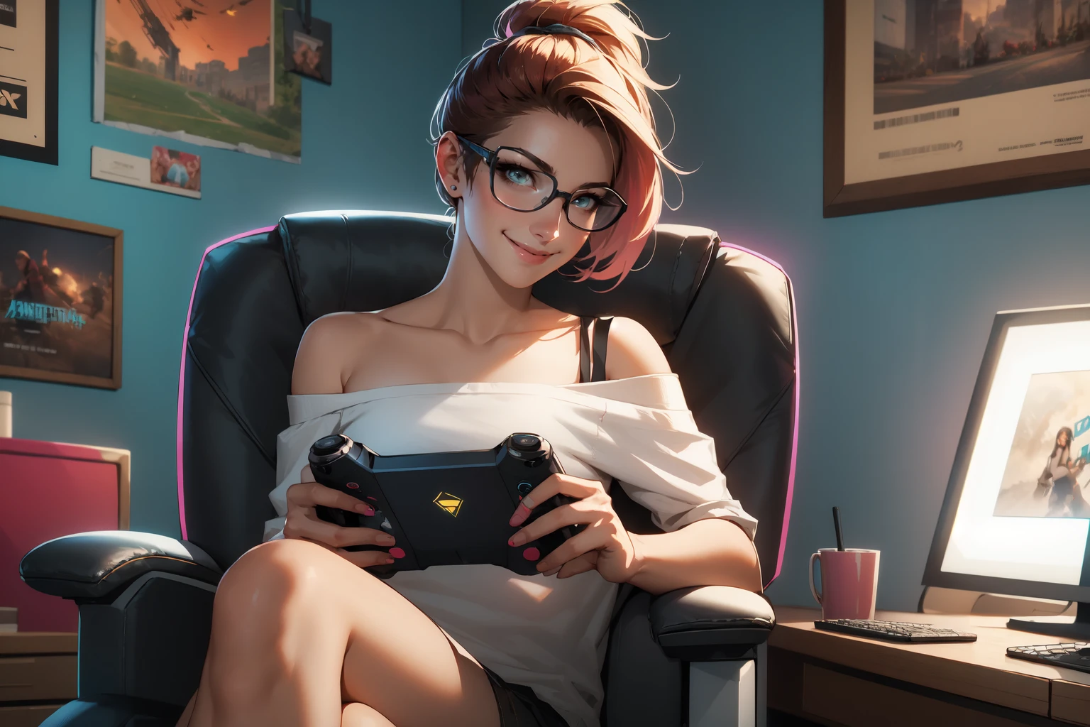 geek girl in white shirt sitting in gaming chair, smile, holding gamepad, glowing screen, ponytail, eyewear, bare shoulders, strap slip, room indoors, movie posters <lora:sxz-niji-v2:0.8>