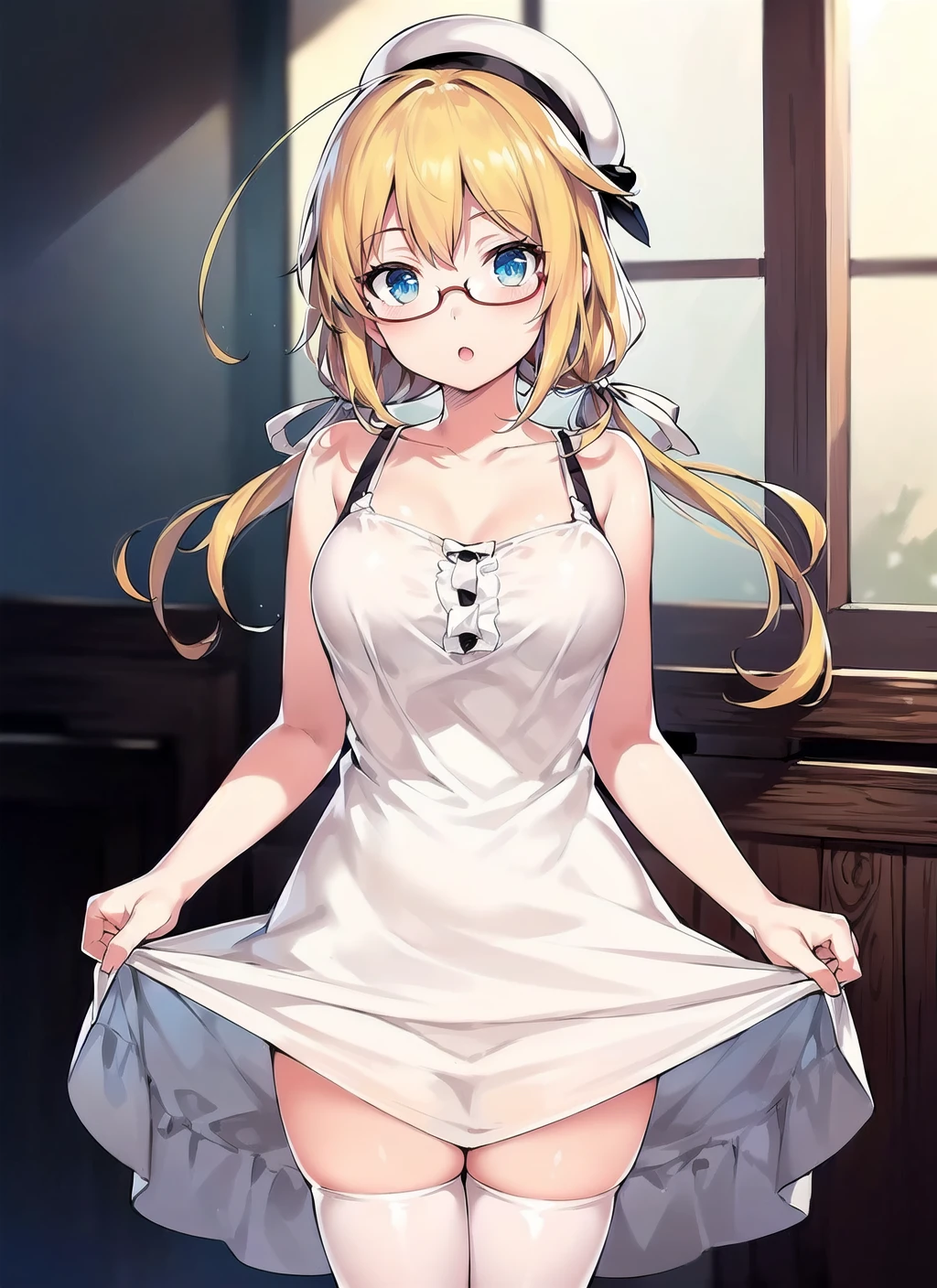 (masterpiece), (best quality), (ultra-detailed), photorealistic, (best illustration), (an extremely delicate and beautiful), 1girl, (hachi:1.1),  solo, finely detailed iris, sundress, white thighhighs, (white headwear), (glasses), smile, <lora:hachi_nai_2:0.8:OUTD> sunlight, diffraction spikes, ahoge, large breasts, hair ribbon, white ribbon, low twintails, long hair, :o, blush, (aqua eyes:0.6), cowboy shot