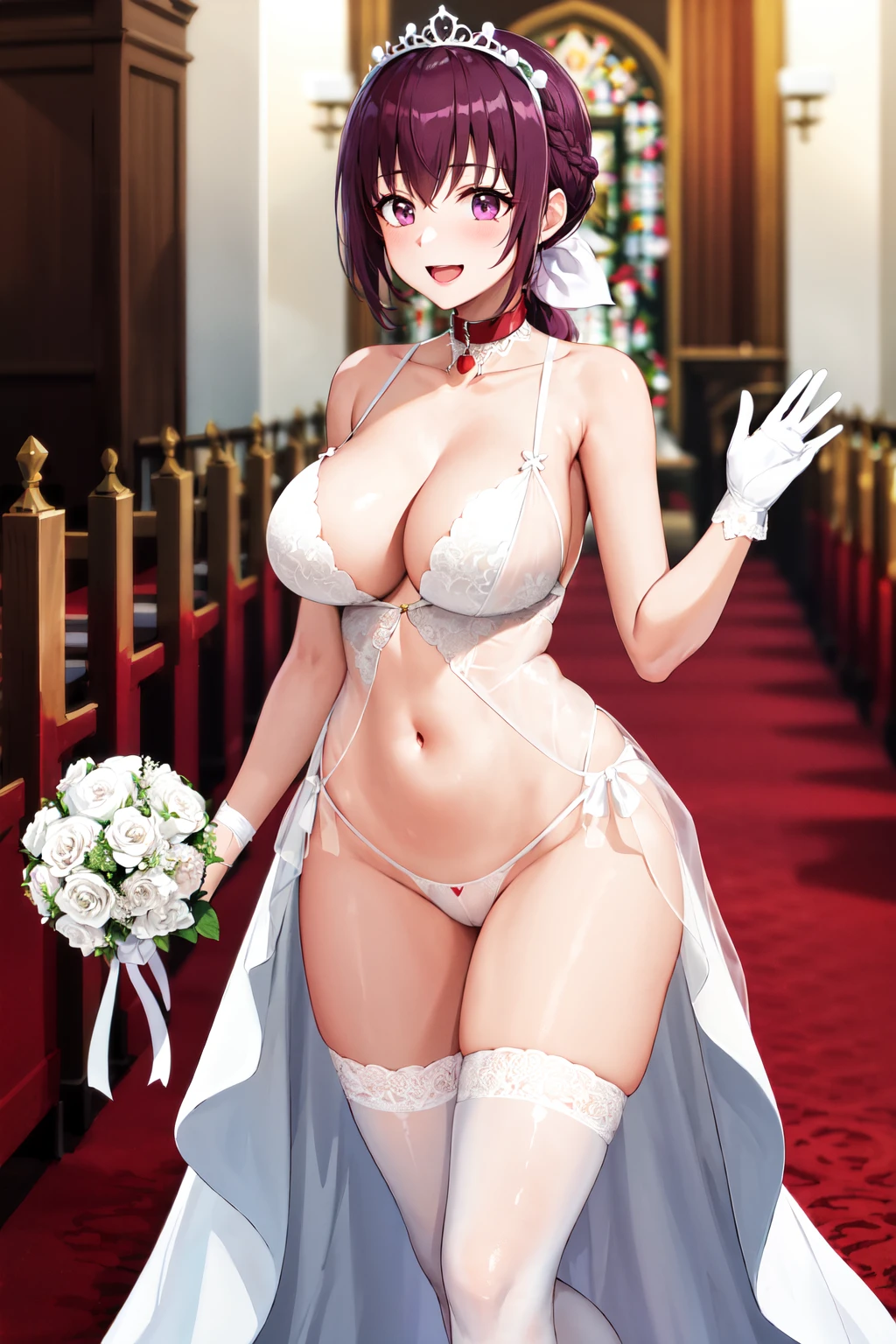 masterpiece, best quality, highres, hi1, purple hair,  purple eyes, large breasts, hair bow, <lora:hoshizora_ikuyo_v10:0.7>, wedding dress, white dress, white gloves, white thong, lace_panties, navel, stomach, animal collar, (red collar:1.2), thigh strap, bridal veil, church, standing, smile, open mouth, holding bouquet, flower_tiara, cowboy shot, waving