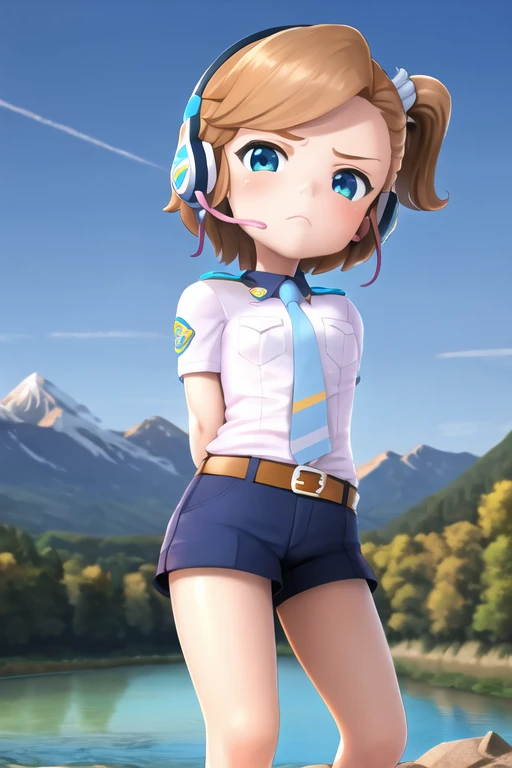 female child, swsky, short hair, brown hair, side ponytail, headphones, belt, shorts, shirt, necktie, frown, standing, (mountain, river:1.3), looking at viewer, from below, arms behind back <lora:Sky_Superwings:0.8>