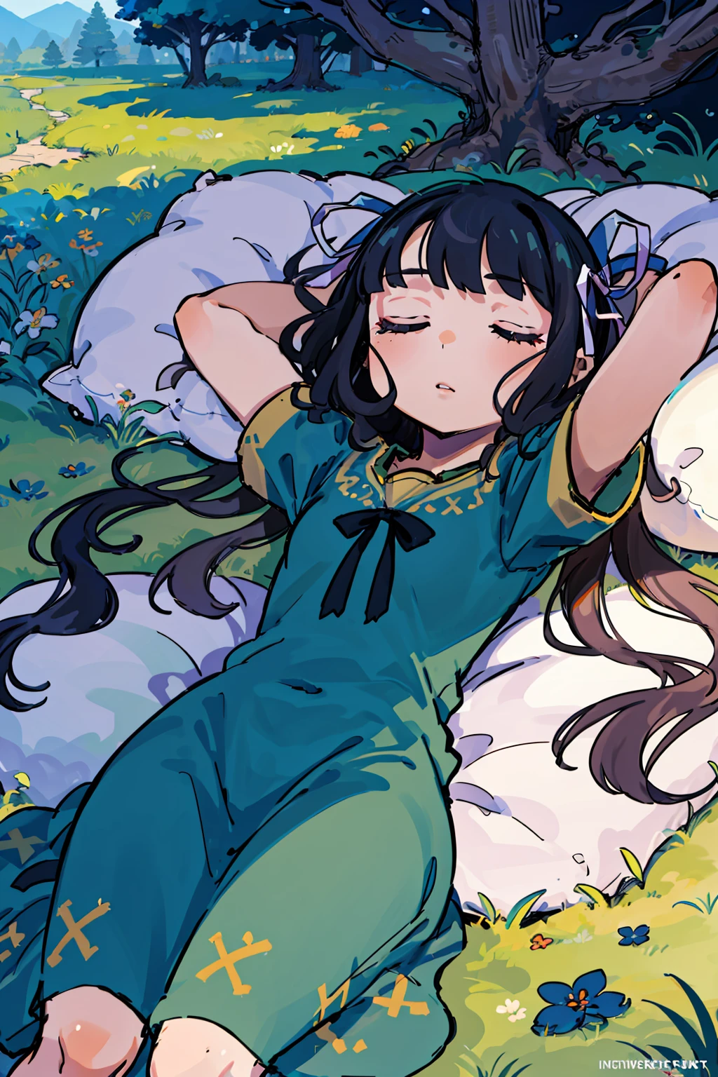 ((best quality)),((world masterpiece)),((illustration)),beautiful detailed,colourful,extremely detailed 8K wallpaper,finely detailed,dramatic light,intricate details, ((ultra-detailed)),
1girl, black_hair, cross, crossed_arms, dress, grass, hair_ribbon, hammock, long_hair, pillow, ribbon, sleeping, solo,on back,