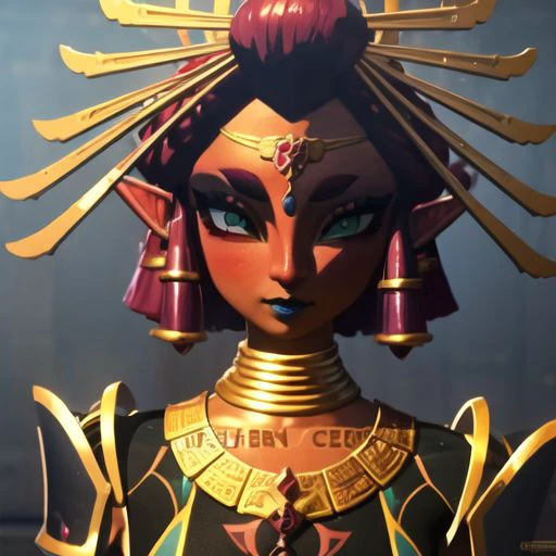 masterpiece,1girl,<lora:riju_zelda_v2-12:1> riju_zelda, short hair, armor, face, eyeshadow, blue lips, bright face