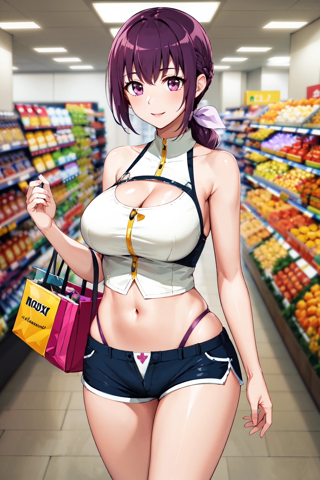 masterpiece, best quality, highres, hi1, purple hair,  purple eyes, large breasts, hair bow, <lora:hoshizora_ikuyo_v10:0.7>, shorts, smile,bag, cleavage, navel, short shorts, highleg thong, midriff, supermarket, cleavage cutout, bare shoulders,