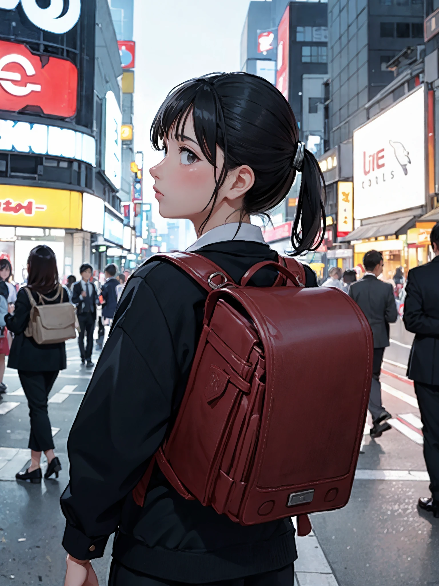 (1 women:1.3), solo, wearing business suits and business shirt,
bokeh background, day time shopping street of Shibuya Tokyo, stores, neon signs,
<lora:randoseru_v1.1:1>, wearing randoseru backpack, view from behind