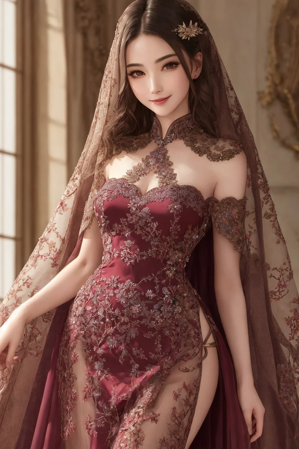 Masterpiece, absurdres, fine detail, HDR, highly detailed face and eyes, photorealistic, solo,1girl,smiling
edgCoquine,Haute_Couture, [lingerie|dress], woman wearing a [Haute_Couture|edgCoquine] dress, front view, superb embroidery,designer dress,
 <lora:CoquineCouture:0.88>