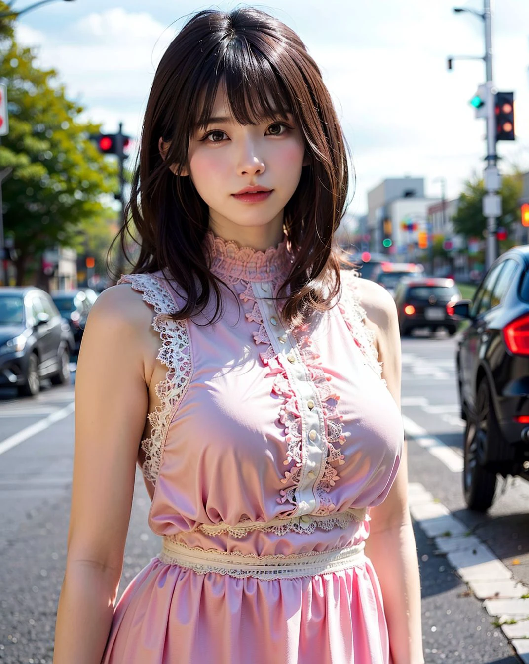 a woman posing on the street corner with pink dress on, best quality, high res, 8k, 1girl, (huge breasts), day, bright, outdoor, (street:0.8), (people, crowds:1), (lace-trimmed dress:1.5, pink clothes:1.5, pink high-neck dress:1.5, sleeveless dress, pink dress: 1.5), gorgeous, (medium hair), beautiful detailed sky, beautiful earrings, (dynamic pose:0.8), (upper body:1.2), soft lighting, wind, shiny skin, looking at viewer,  <lora:Coser_Enako_v1.0:0.65>