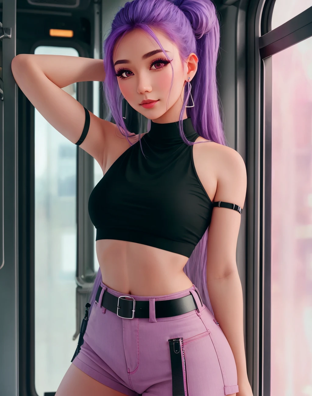 4K, Masterpiece, highres, absurdres,natural volumetric lighting and best shadows,soft detailed facial features,smiling, 1girl, solo, long hair, breasts, skirt, shirt, jewelry, medium breasts, standing, white shirt, pink hair, purple hair, short sleeves, multicolored hair, cowboy shot, earrings, shorts, midriff, belt, black skirt, hair bun, blurry, bracelet, lips, crop top, looking to the side, window, double bun, makeup, thigh strap, blurry background, piercing, reflection, realistic, train interior, wearing Urban_Gal,
<lora:edgAUG_mini:1>