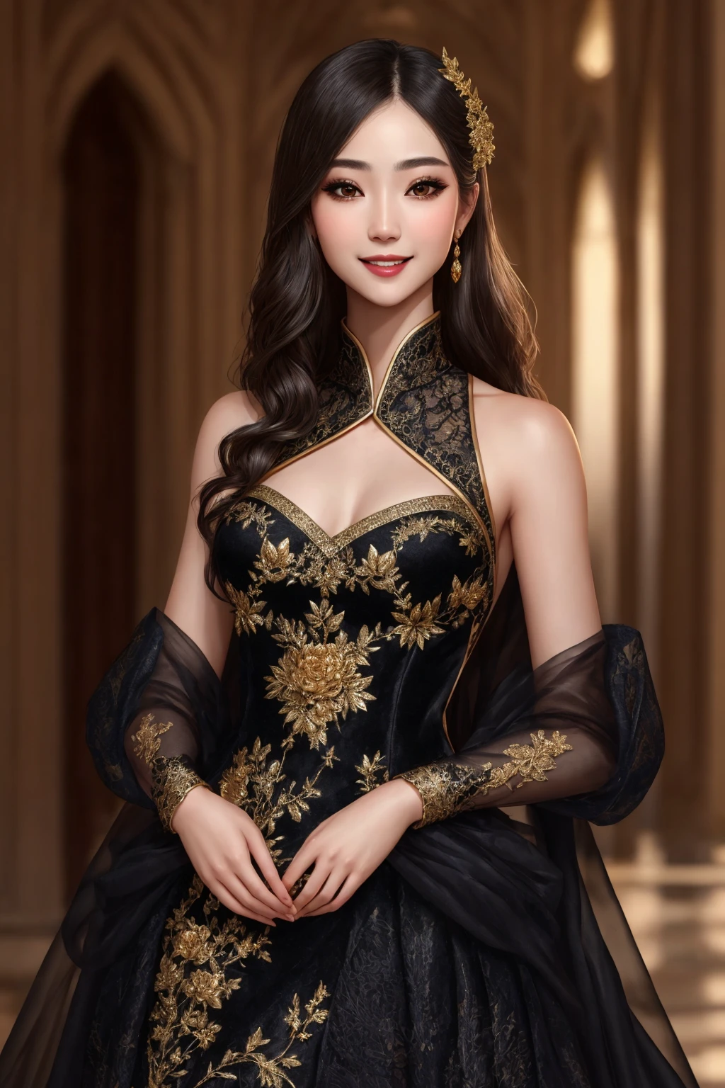 finest image, 8k, RAW photo, realistic, detailed, delicate, flashy and dynamic depiction, satin silk black cheongsam, iridescent golden luxury embroidery, beautiful woman, glossy black straight hair, gold sharp eyes, red thick lips, perfect proportion, background red room