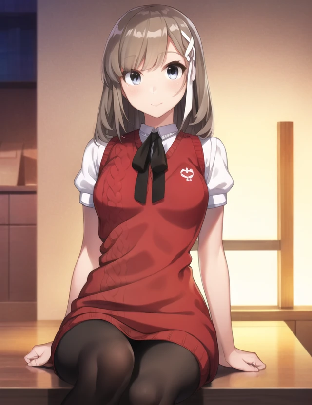 ultra high quality illustration, anime, high quality , 8k, masterpiece, realistic human female, realistic proportions, detailed face, smooth soft skin, realistic dreamy eyes, beautiful intricate colored hair, symmetrical, intricately detailed hair, soft lighting, detailed eyes, beautiful, (looking at the viewer), smooth skin, perfect skin, (beautiful detailed face), Mutsuishi Haruna, (hair ribbon):1.5, sweater dress, sweater vest, black pantyhose, neck ribbon, white shirt, collared shirt