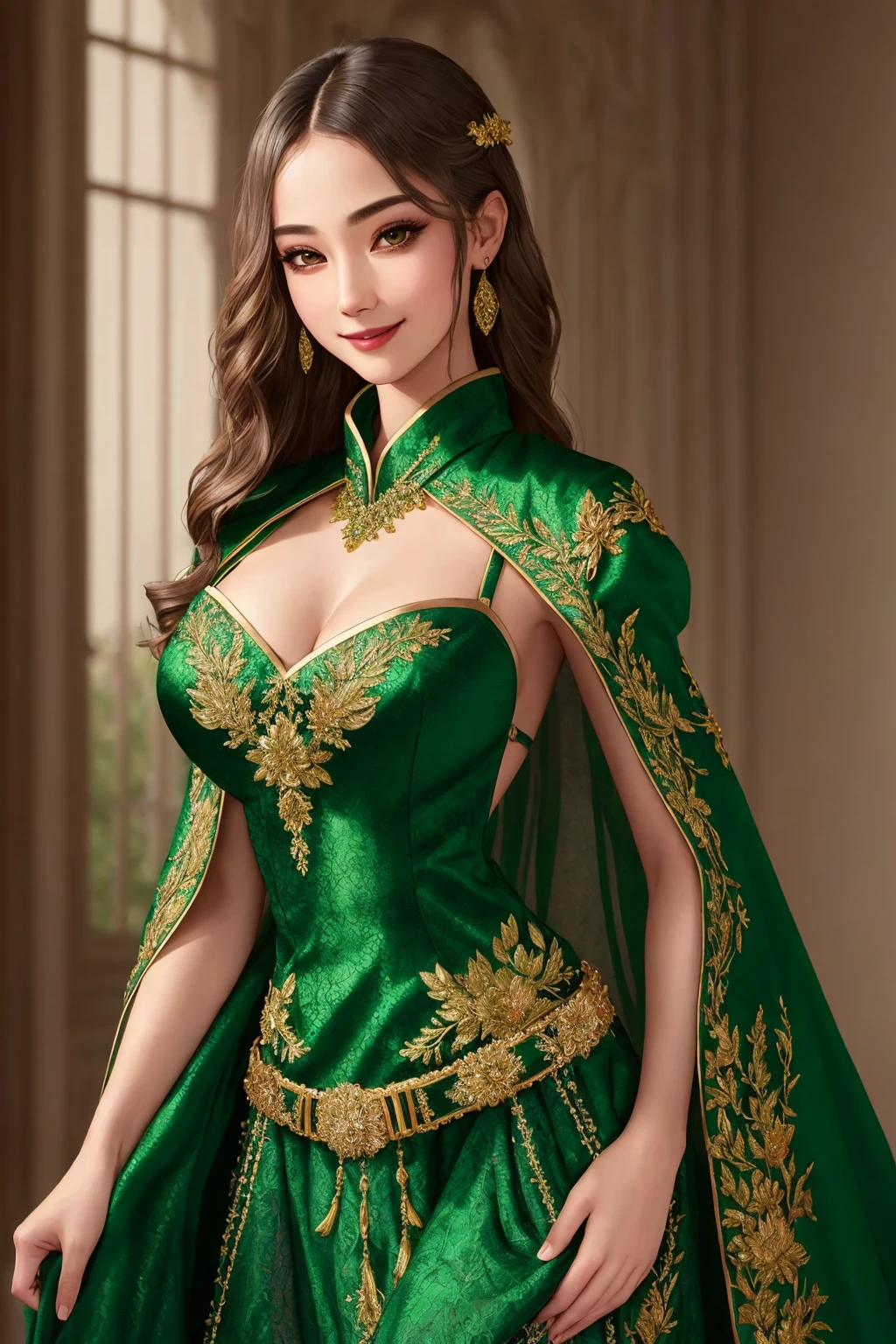 Masterpiece, absurdres, fine detail, HDR, highly detailed face and eyes, photorealistic, solo,1girl,smiling
edgCoquine,Haute_Couture, [lingerie|dress], woman wearing a [Haute_Couture|edgCoquine] dress, front view, green, golden superb embroidery,designer dress,belt,scarf
 <lora:CoquineCouture:1>