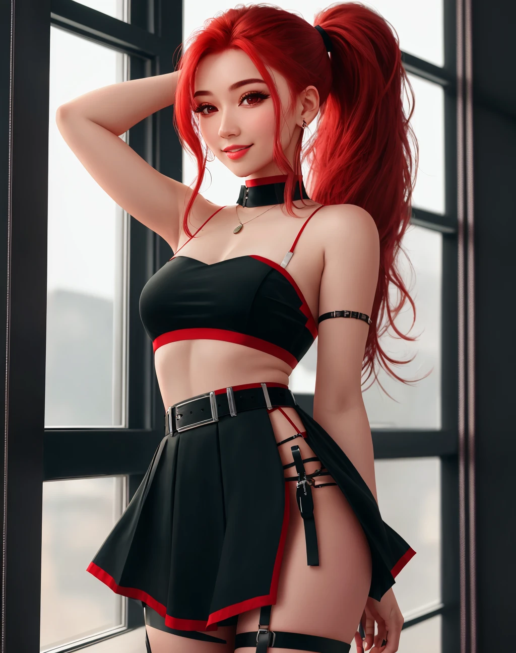 4K, Masterpiece, highres, absurdres, 1girl, smiling,solo, long hair, breasts, skirt, jewelry, standing, ponytail, red hair, earrings, parted lips, belt, black skirt, window, thigh strap, hoop earrings, realistic, tube top, wearing Urban_Gal,
<lora:edgAUG_mini:1>