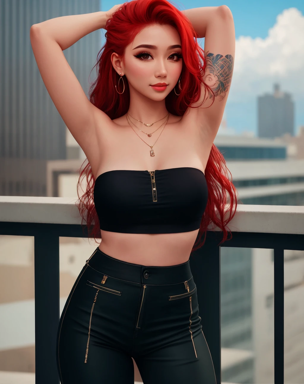 4K, Masterpiece, highres, absurdres,natural volumetric lighting and best shadows,soft detailed facial features,smiling, 1girl, solo, long hair, skirt, jewelry, standing, red hair, earrings, outdoors, parted lips, sky, day, pants, armpits, necklace, arms up, leotard, lips, looking to the side, strapless, tattoo, makeup, looking away, building, realistic, wearing Urban_Gal 
 <lora:edgAUG_mini:1>