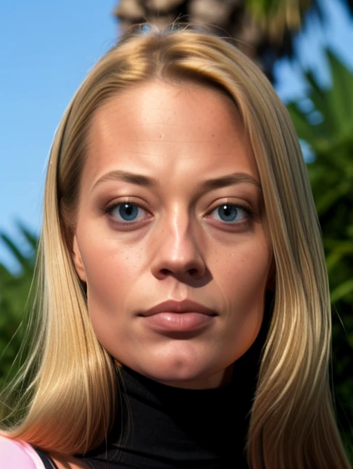 A stunning intricate full color face portrait of real blue eyed jeriR look intensely at the viewer, wearing a black turtleneck, sharp focus, natural lighting, subsurface scattering, f4, 35mm, film grain, best shadow, background of the ocean and palm trees, <lora:jeriR_young:0.9>