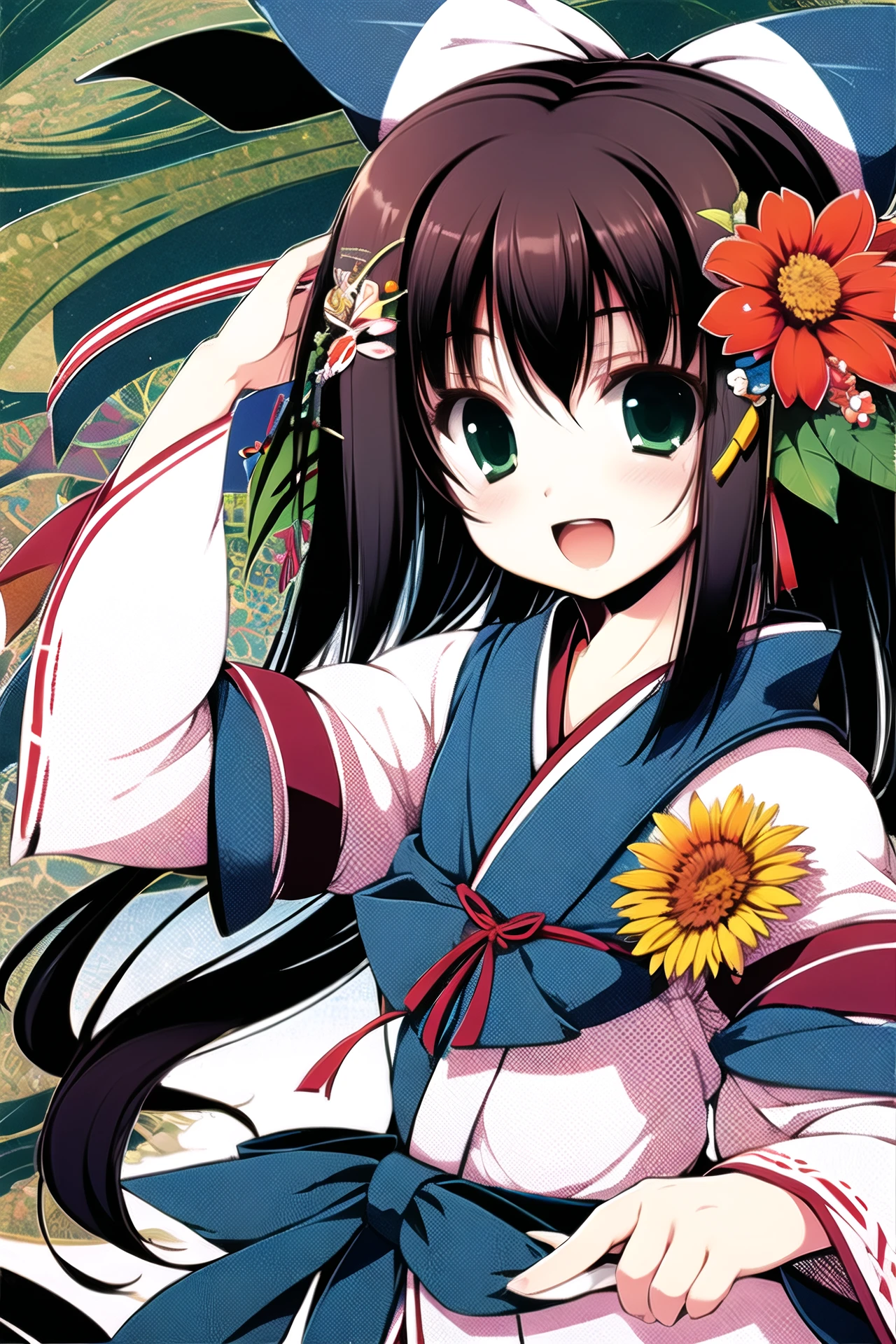 1girl, solo, yagasuri, green eyes, brown hair, japanese clothes, hair ornament, flower, bow, hair bow, open mouth, smile, hair flower, kimono, :d, ribbon, bell, <lora:tenmu:0.9>