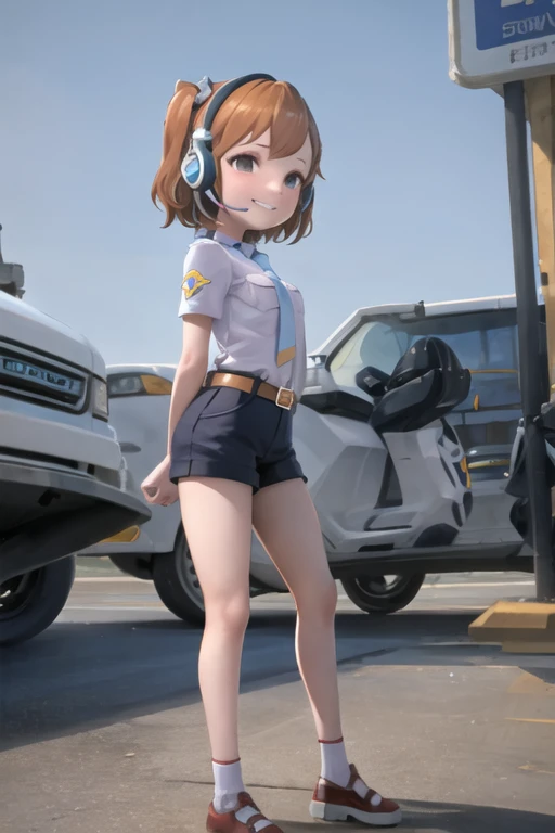 female child, swsky, short hair, brown hair, side ponytail, headphones, belt, shorts, shirt, necktie, grin, standing, (city:1.3), looking at viewer, from below, arms behind back <lora:Sky_Superwings:0.8>