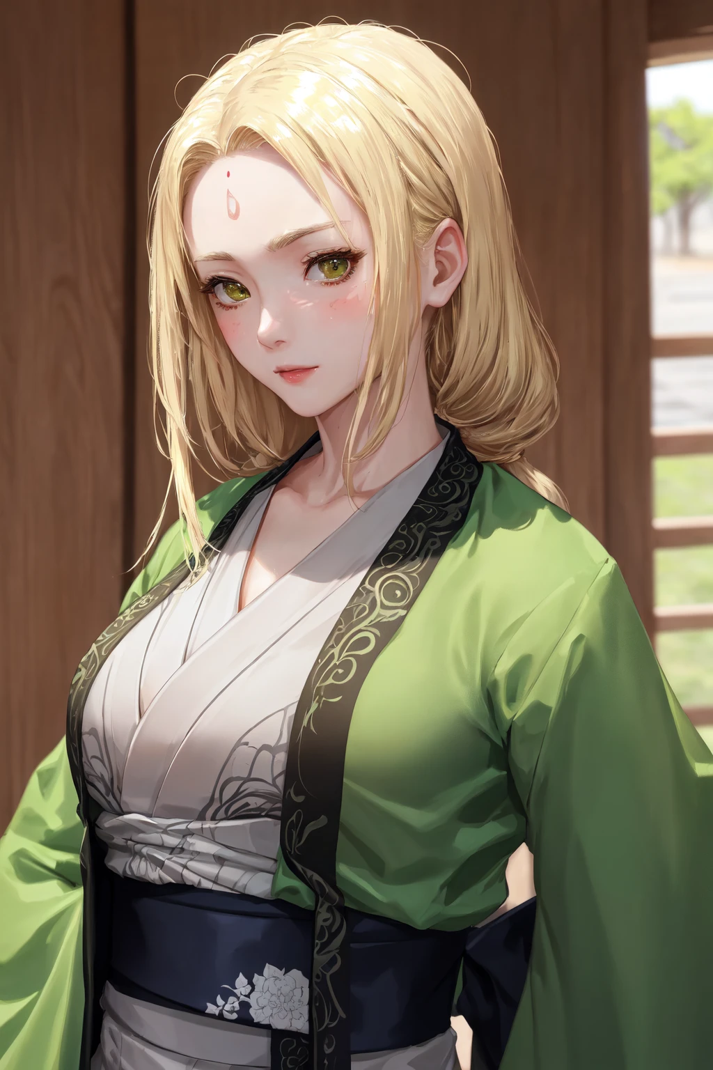 highres, sharp focus, pixiv masterpiece, ((intricate details)), highly detailed,  upper body, 1girl, mature, blonde hair, forehead mark,white kimono, green jacket, sash, tsunade_senju, <lora:Tunade_Senju_v1_1:0.8>