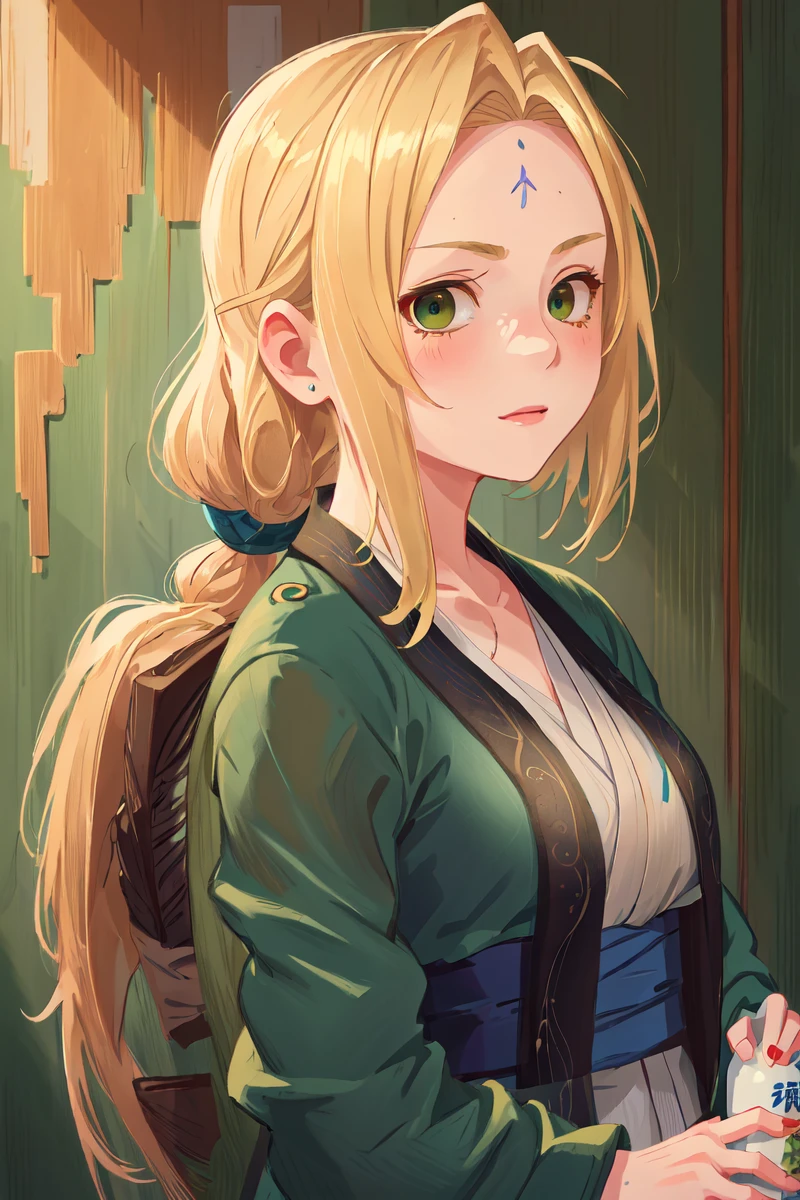 highres, sharp focus, pixiv masterpiece, ((intricate details)), highly detailed,  upper body, 1girl, mature, blonde hair, blue forehead mark, simple kimono, green jacket, tsunade_senju, <lora:Tunade_Senju_v1_1:0.8>,  <lora:COOLKIDS_MERGE_V2.5:1>