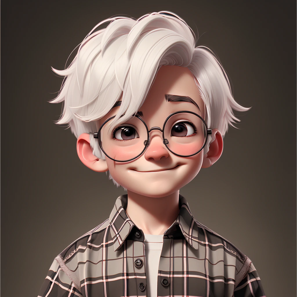 solo,  WHITE hair,  1boy, BLACK eyes, male focus, plaid shirt, plaid, shirt, simple background, smile, male child, round eyewear, short hair, closed mouth