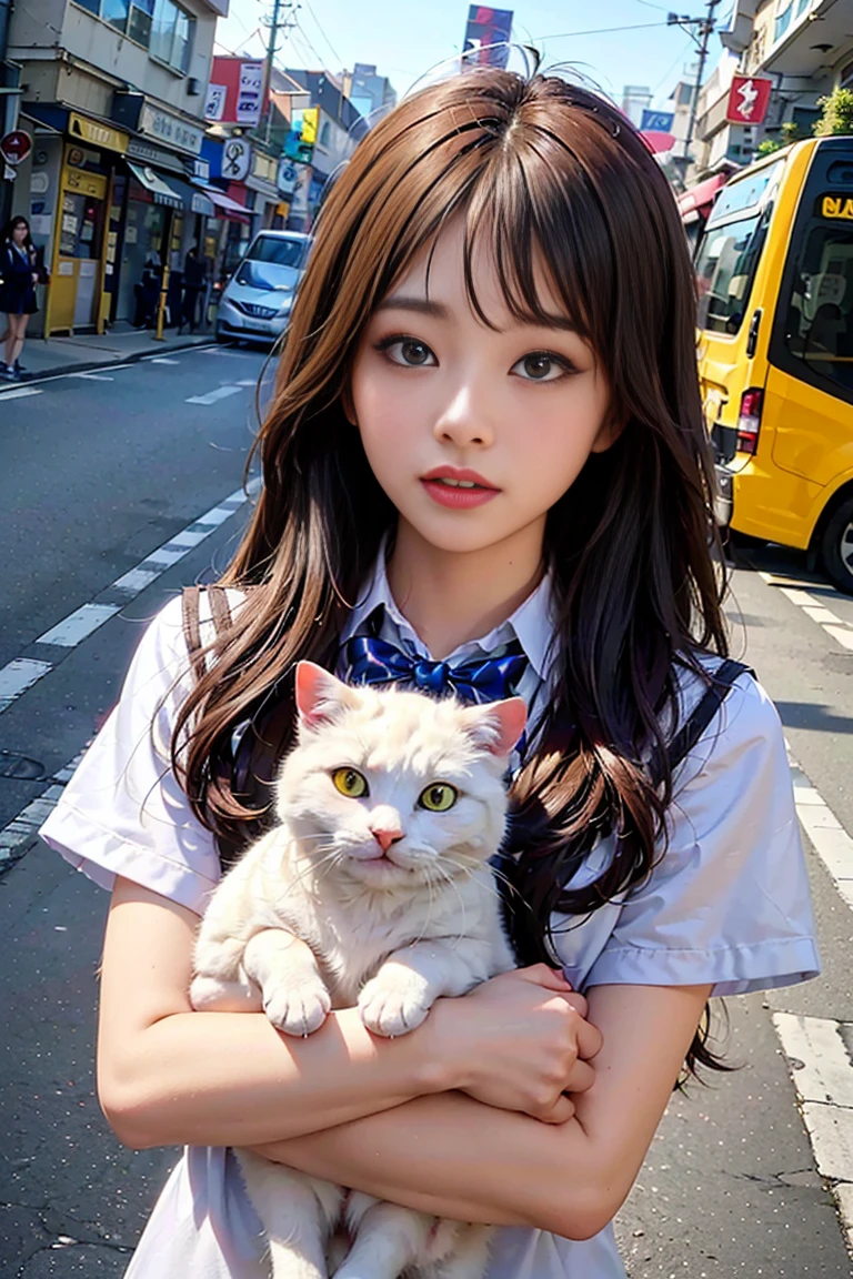 raw photo, ultra realistic,(masterpiece, 8k uhd, HDR, extreme detailed, intricate details, best quality, professional, vivid colors),looking at viewer,
1girl,wearing school uniform,and Holding a white cat,cat in her arms,city,at street,
<lora:pureInnocentGirl_v25:0.48>