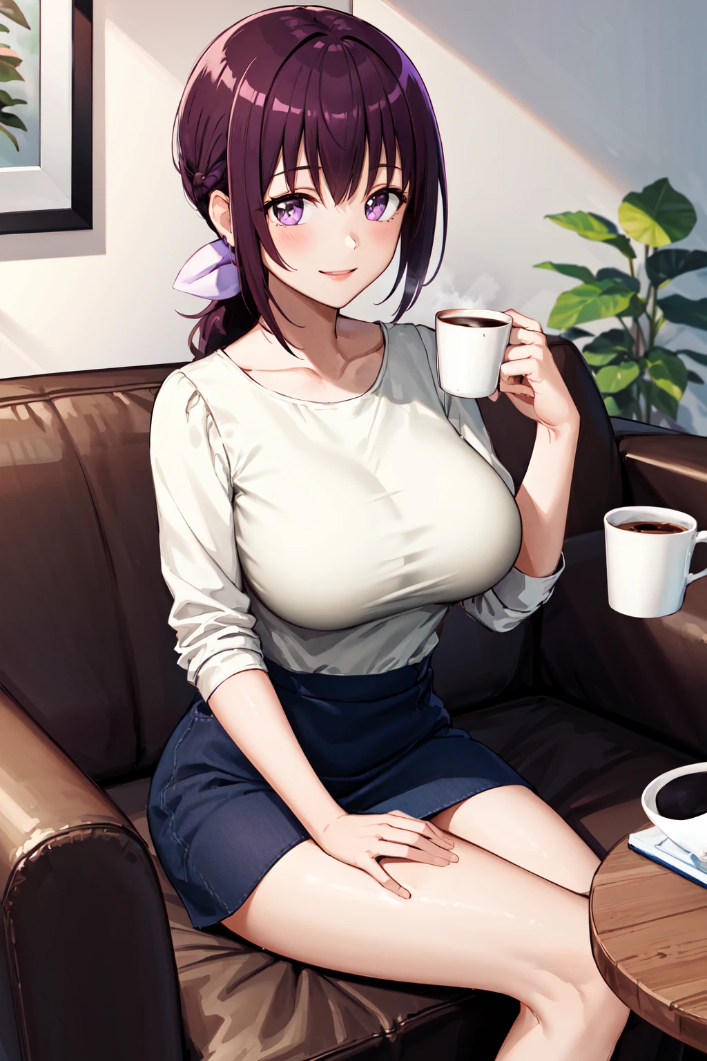 masterpiece, best quality, highres, hi1, purple hair,  purple eyes, large breasts, hair bow, skirt, white shirt, <lora:hoshizora_ikuyo_v1:0.7>, living room, sitting, sofa, holding cup, coffee, smile