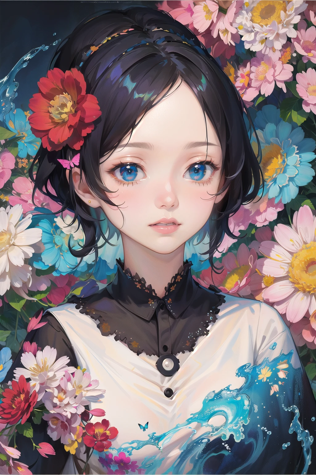 Ambilight, masterpiece, ultra-high quality,( ultra detailed original illustration),( 1girl, upper body),(( harajuku fashion)),(( flowers with human eyes, flower eyes)), double exposure, fussion of fluid abstract art, glitch,( 2d),( original illustration composition),( fusion of limited color, maximalism artstyle, geometric artstyle, butterflies, junk art) <lora:Ambilight-pynoiseloha-000003:0.6>