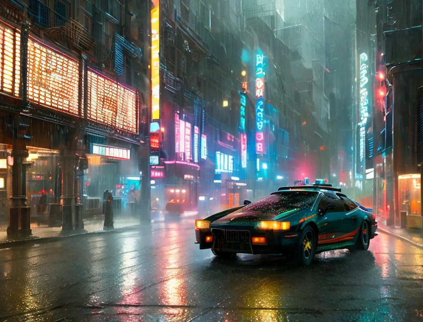 cityscape, night, ad neon, rain <lora:Blade Runner v.2.2:0.8>, (Extremely Detailed Oil Painting:1.2), glow effects, godrays, Hand drawn, render, 8k, octane render, cinema 4d, blender, dark, atmospheric 4k ultra detailed, cinematic sensual, Sharp focus, humorous illustration, big depth of field, Masterpiece, colors, 3d octane render, 4k, concept art, trending on artstation, hyperrealistic, Vivid colors, extremely detailed CG unity 8k wallpaper, trending on ArtStation, trending on CGSociety, Intricate, High Detail, dramatic