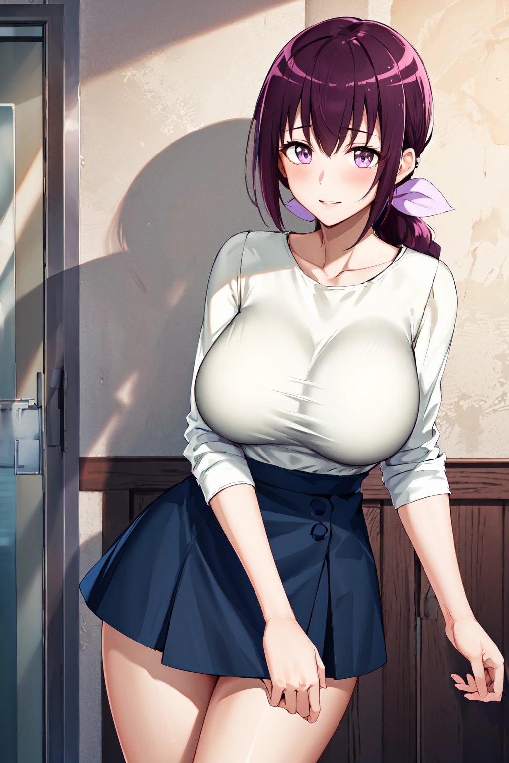 masterpiece, best quality, highres, hi1, purple hair,  purple eyes, large breasts, hair bow, skirt, white shirt, <lora:hoshizora_ikuyo_v1:0.8>, cowboy shot,