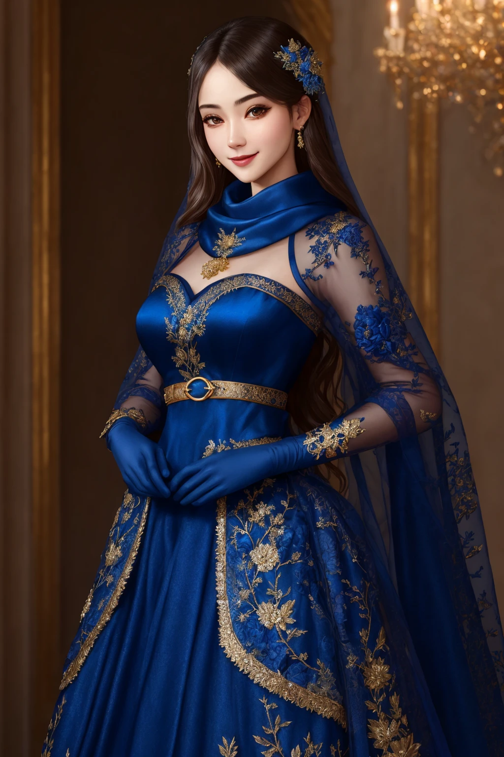 Masterpiece, absurdres, fine detail, HDR, highly detailed face and eyes, photorealistic, solo,1girl,smiling
edgCoquine,Haute_Couture, [lingerie|dress], woman wearing a [Haute_Couture|edgCoquine] dress, front view, blue, golden superb embroidery,designer dress,belt,scarf
 <lora:CoquineCouture:0.88>