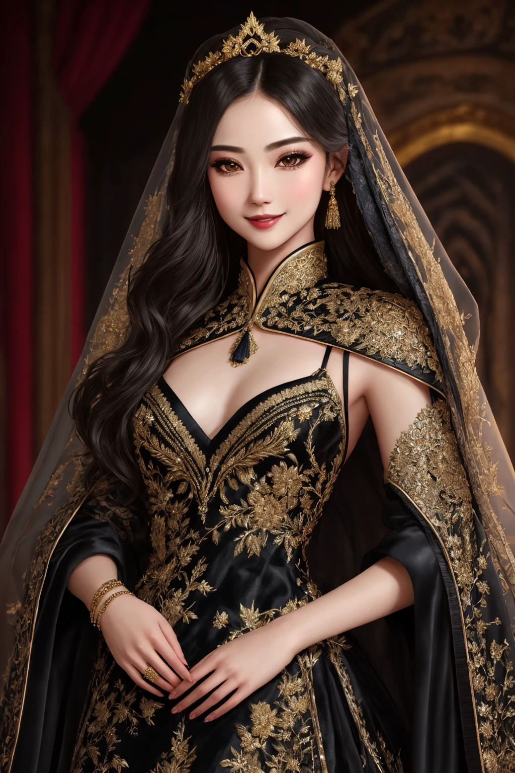 Masterpiece, absurdres, fine detail, HDR, highly detailed face and eyes, photorealistic, solo,1girl,smiling
edgCoquine,Haute_Couture,  woman wearing  [Haute_Couture|edgCoquine] , front view, black, golden superb embroidery,designer dress,
 <lora:CoquineCouture:1>
