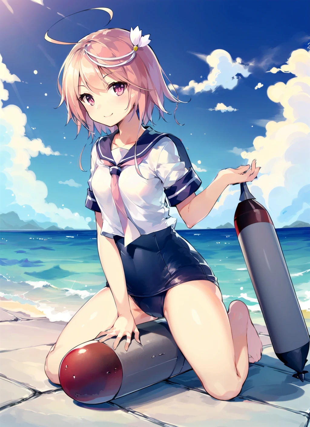 (masterpiece), (best quality), (ultra-detailed), photorealistic, (best illustration), (an extremely delicate and beautiful), 1girl, (goya:1.22),  solo, full body, finely detailed iris, one-piece swimsuit, sailor collar, (swimsuit under clothes), serafuku, short hair, torpedo, smile, blue sky, sunlight, diffraction spikes, ahoge, small breasts, pink eyes, seiza, <lora:goya_nai_1:1:INS_MIDD> straddling torpedo, looking at viewer,