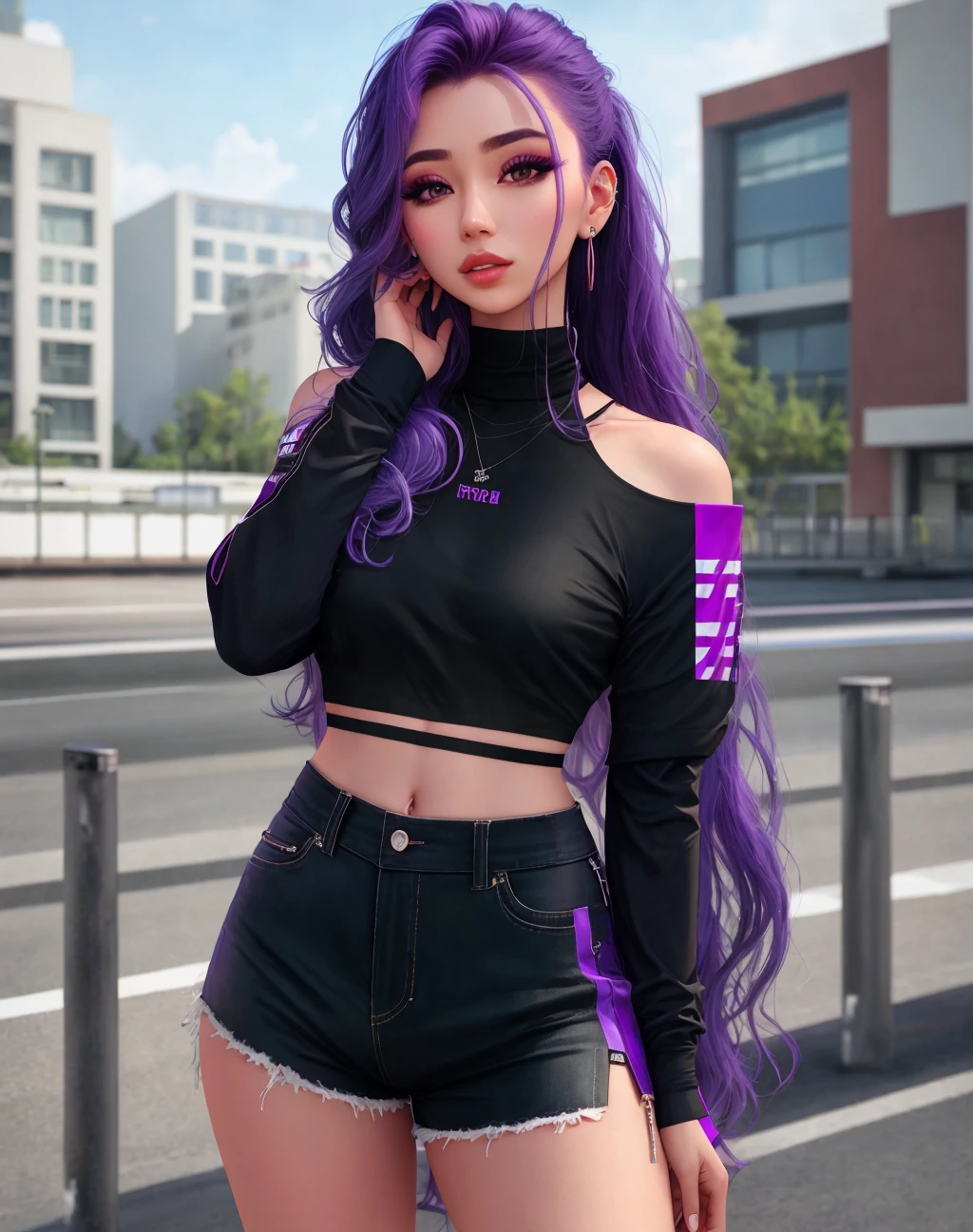 4K, Masterpiece, highres, absurdres, 1girl, solo, long hair, skirt, shirt, long sleeves, jewelry, purple hair, multicolored hair, earrings, parted lips, shorts, blurry, bracelet, lips, crop top, see-through, looking to the side, black shirt, makeup, blurry background, black shorts, piercing, ring, realistic, hand on own shoulder, wearing Urban_Gal,
<lora:edgAUG_mini:1>