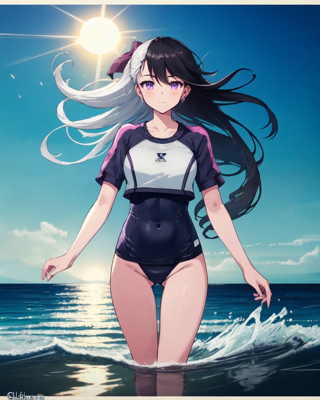 <lora:e7 Chloe2:0.7> e7 Chloe, purple eyes, two-tone hair, half black hair and half white hair, at the beach playing in the water, wearing a swimsuit, sunny day,dynamic shot, bright image, summer day,
(masterpiece), best quality, highres, 4k, 8k, Detailed Illustration, intricate detail, cinematic lighting, amazing quality, 1girl, fit female, amazing shading, soft lighting, facing camera, perfect eyes