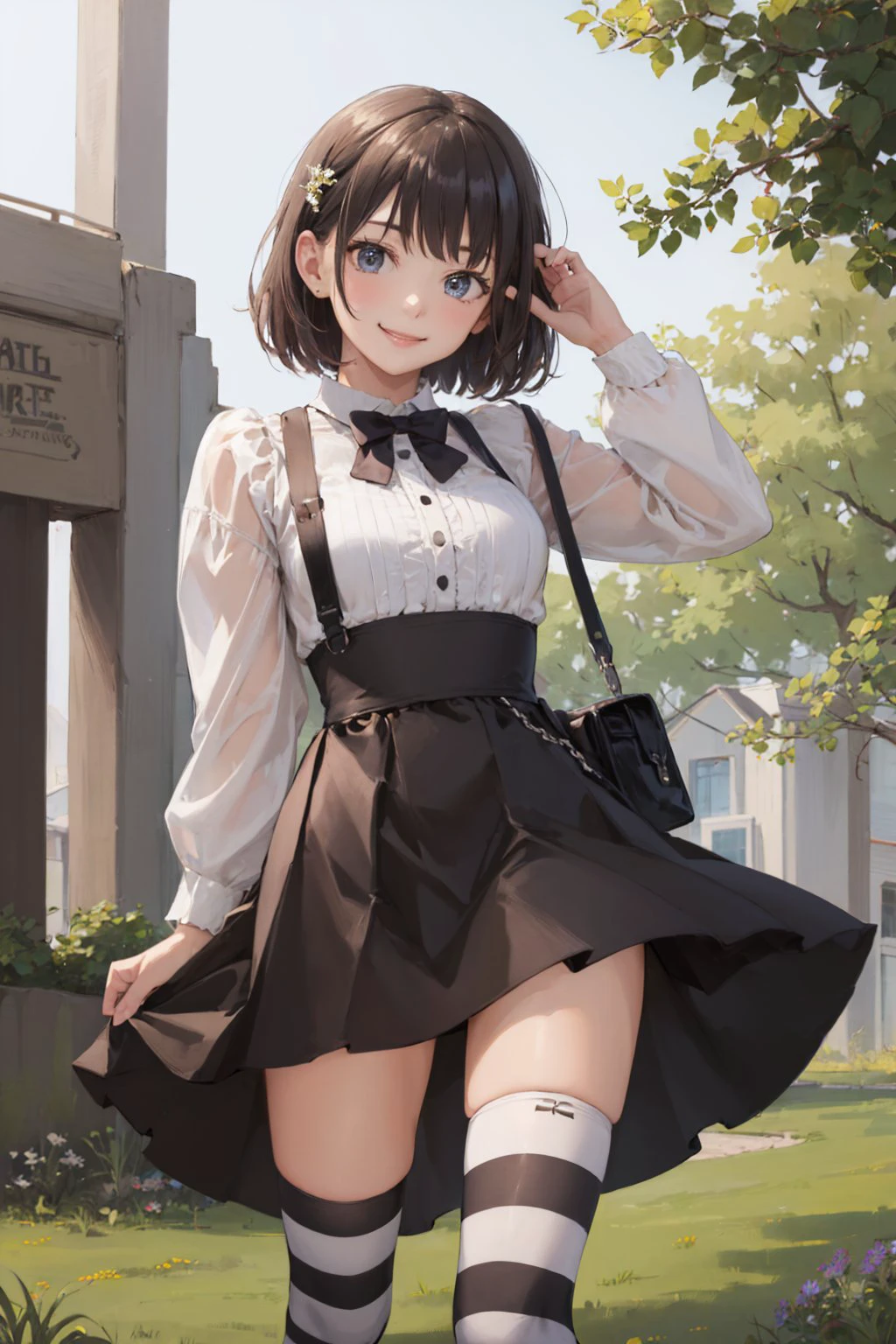 (masterpiece, best quality:1.2), <lyco:attire_stripedthighhighs_blkwhi-11:1.0>, cowboy shot, solo, 1girl, smile, looking at viewer, striped thighhighs