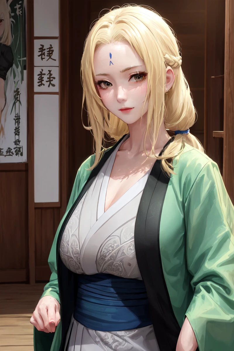 highres, sharp focus, pixiv masterpiece, ((intricate details)), highly detailed,  upper body, 1girl, mature, blonde hair, blue forehead mark,white kimono, green jacket, sash, tsunade_senju, <lora:Tunade_Senju_v1_1:0.8>,