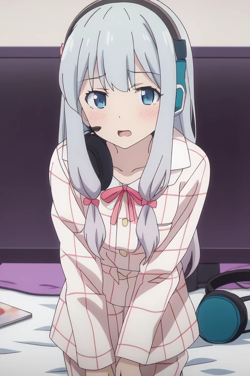 <lora:Eromanga_izumi sagiri:0.7> izumi sagiri, white plaid pajamas, headphone, 8k, masterpiece, absurdres, anime,