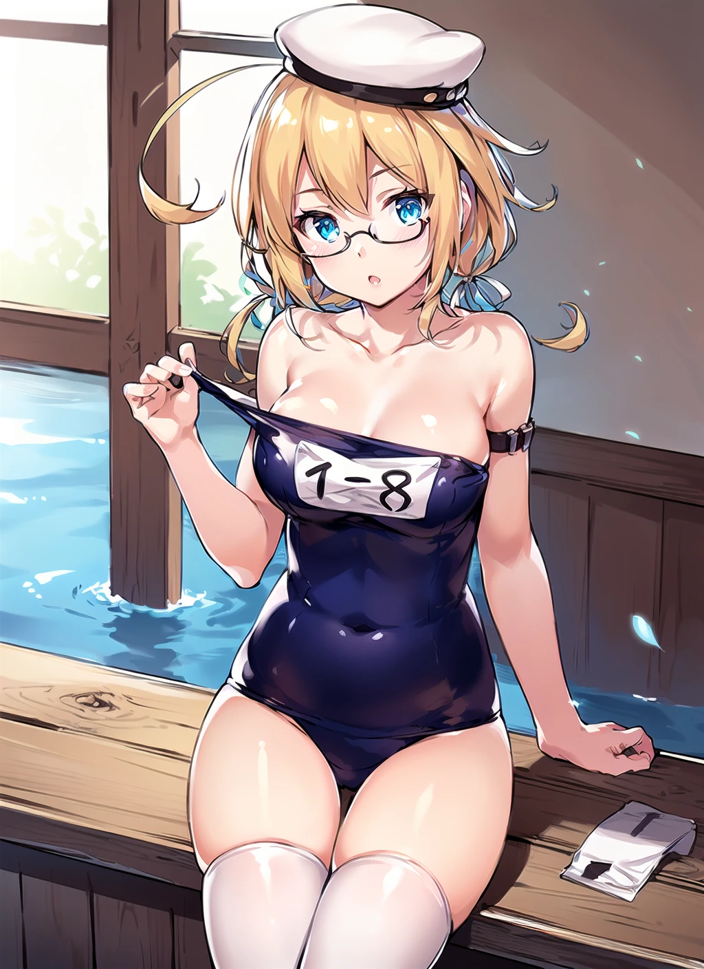 (masterpiece), (best quality), (ultra-detailed), photorealistic, (best illustration), (an extremely delicate and beautiful), 1girl, (hachi:1.1),  solo, finely detailed iris, one-piece swimsuit, white thighhighs, (white headwear), (glasses), smile, <lora:hachi_nai_2:1:OUTD> sunlight, diffraction spikes, ahoge, large breasts, hair ribbon, white ribbon, low twintails, long hair, armband, nipples, swimsuit pull, *(strap slip:1.22), :o, blush, (aqua eyes:0.6), upper body, name tag,