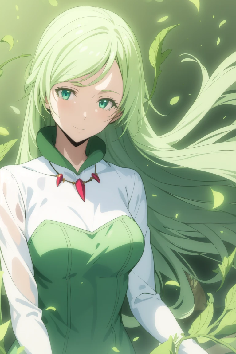 Treyni
 <lora:TreyniV1:0.8>
((best quality)), ((masterpiece)), (detailed)
1girl, breasts, dress, feathers, glowing, green_background, green_theme, jewelry, leaf, leaves_in_wind, long_hair, petals, rose_petals, solo, white_feathers, wind