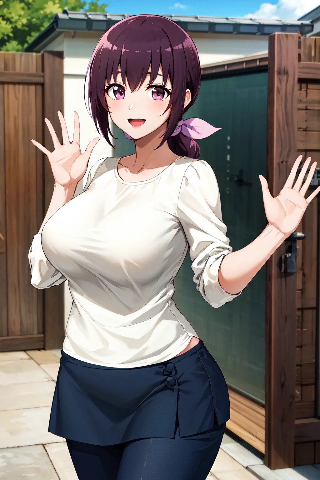 masterpiece, best quality, highres, hi1, purple hair,  purple eyes, large breasts, hair bow, skirt, pants, white shirt, <lora:hoshizora_ikuyo_v10:0.7>, cowboy shot, smile, waving, open mouth,