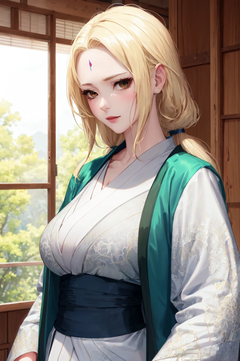 highres, sharp focus, pixiv masterpiece, ((intricate details)), highly detailed,  upper body, 1girl, mature, blonde hair, blue forehead mark, white kimono, green jacket, sash, tsunade_senju, <lora:Tunade_Senju_v1_1:0.8>,