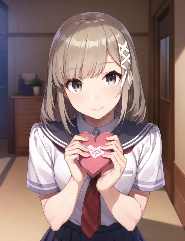 ultra high quality illustration, anime, high quality , 8k, masterpiece, realistic human female, realistic proportions, detailed face, smooth soft skin, realistic dreamy eyes, beautiful intricate colored hair, symmetrical, intricately detailed hair, soft lighting, detailed eyes, beautiful, (looking at the viewer), smooth skin, perfect skin, (beautiful detailed face), Mutsuishi Haruna, school uniform, school, hallway, (hair ribbon):1.5, skirt, pleated skirt, socks, shoes, loafers, white shirt, white collar, red ribbon, holding heart-shaped chocolate, blushing, shy