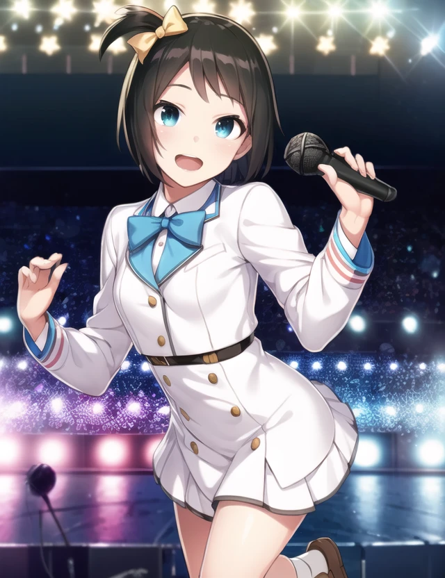 ultra high quality illustration, anime, high quality , 8k, masterpiece, realistic human female, realistic proportions, detailed face, smooth soft skin, realistic dreamy eyes, beautiful intricate colored hair, symmetrical, intricately detailed hair, soft lighting, detailed eyes, beautiful, (looking at the viewer), smooth skin, perfect skin, (beautiful detailed face), Eniwa Airi, looking at viewer, black hair, open mouth, dress, buttons, white dress, jacket, white jacket,pleated skirt, loafers, one side up, socks, hair bow, stage, on stage, concert, dancing, singing, holding microphone, yellow bow
