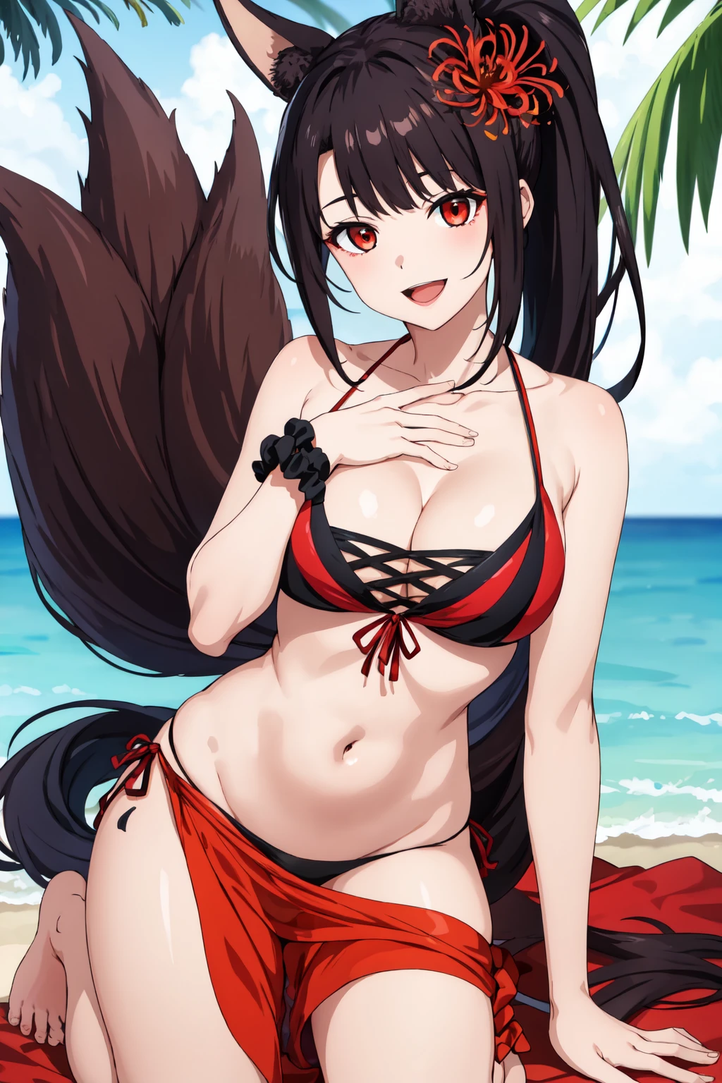 best quality masterpiece, AkagiV5, 1girl, solo, looking at viewer, smile, open mouth, hair ornament, navel, cleavage, swimsuit, ponytail, flower, bikini, barefoot, hair flower, kneeling, scrunchie, red bikini, sarong, wrist scrunchie, spider lily, black scrunchie, <lora:AkagiV5-10:0.8>