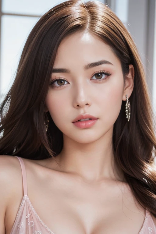 (8K, HDR, highres), ((((Photography, RAW photo, hyperrealism, masterpiece, best quality, ultra highres)))), (pin light, back light, backlighting, cinematic light), sharp focus:1. 4, (hyper detail, finely detailed), face close-up, close-up,
1girl, A face shaped like an egg, with large and beautiful cat-like eyes, a cute and button-like nose, small and pretty plump lips, thick eyebrows and long and beautiful eyelashes. The overall makeup is transparent, with a touch of pink on the cheeks and sparkling lip gloss. The hairstyle is long with wavy waves.
